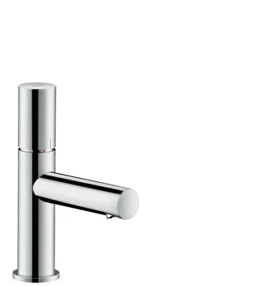 Chromfarbener Einhebel-Waschtischmischer von AXOR mit seitlichem Griff und runder Basis, ausgestattet mit Ablaufgarnitur. Minimalistisches Design ohne zusätzliche Dekoration.